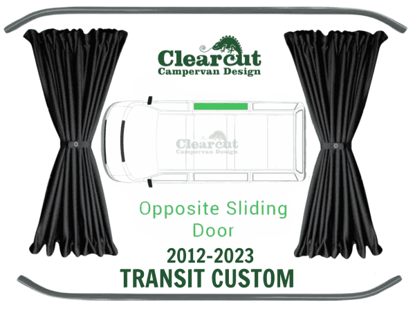 Transit Custom Black Out Curtains - Offside Front (Opposite Sliding Door) - Black with Black Rails