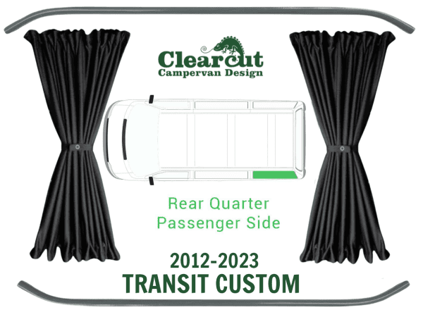 Transit Custom Black Out Curtains - SWB Nearside (Left) Rear Quarter - Black with Black Rails