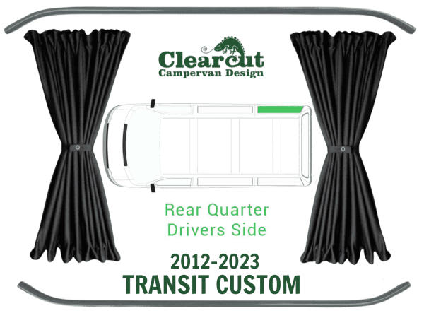 Transit Custom Black Out Curtains - SWB Offside (Right) Rear Quarter - Black with Black Rails