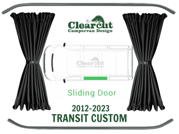 Transit Custom Black Out Curtains - Nearside Front (Sliding Door) Black with Black Rails