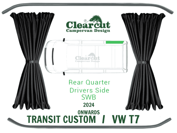 Ford Transit Custom / VW T7 - SWB Offside (Divers Side) Rear Quarter - Black Out Curtains