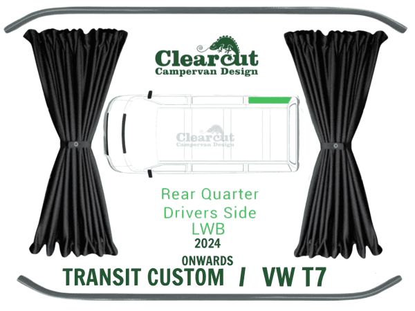 Ford Transit Custom / VW T7 - LWB Offside (Drivers Side) Rear Quarter - Black Out Curtains
