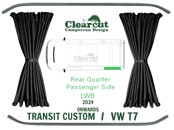Ford Transit Custom / VW T7 - LWB Nearside (Passengers Side) Rear Quarter - Black Out Curtains