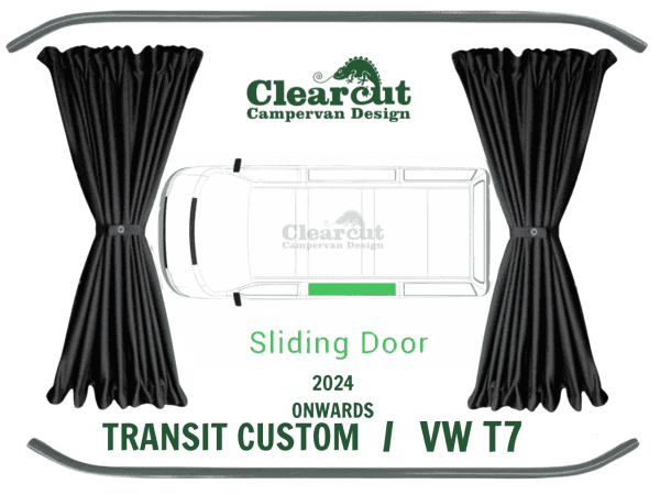 Ford Transit Custom / VW T7 - Nearside Front (UK Sliding Door) - Black Out Curtains